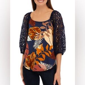 CUPIO Womens Eyelet Crochet Puff Sleeve Top M Boho Fall Romantic NEW Romantic‎